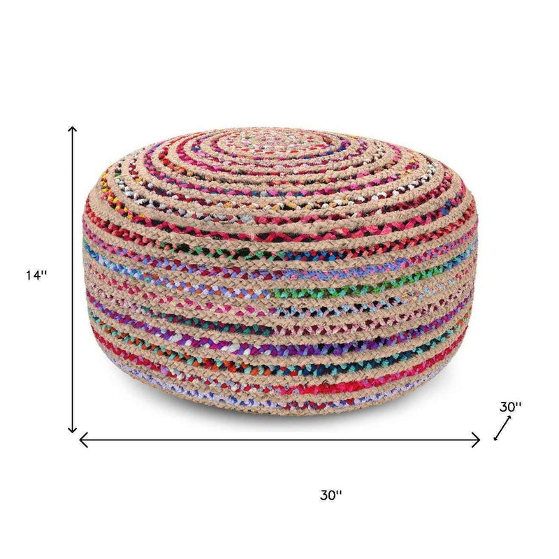 30" Blue Jute Round Pouf Ottoman