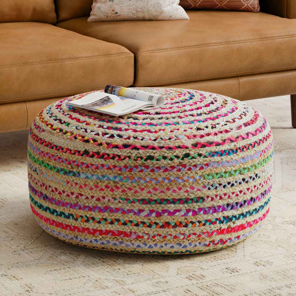 30" Blue Jute Round Pouf Ottoman