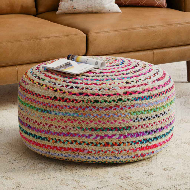 30" Blue Jute Round Pouf Ottoman