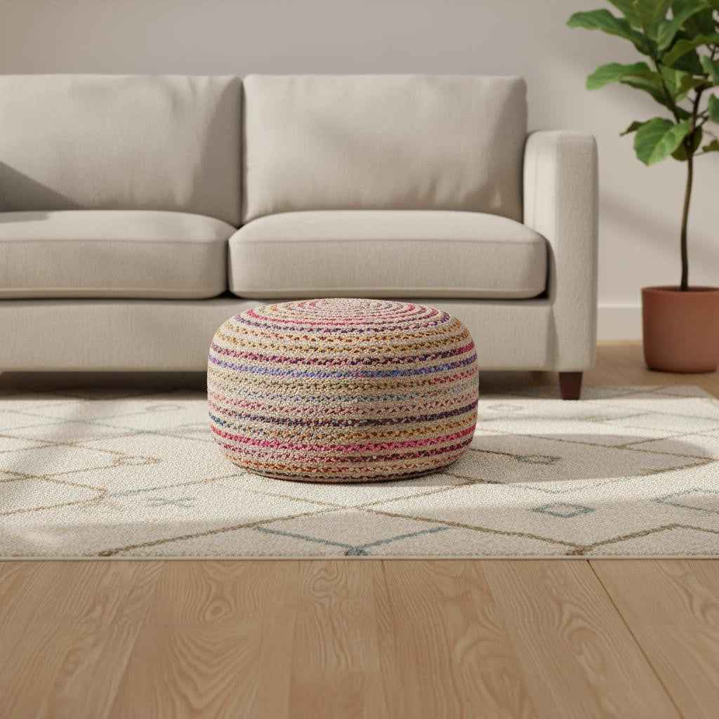 30" Blue Jute Round Pouf Ottoman