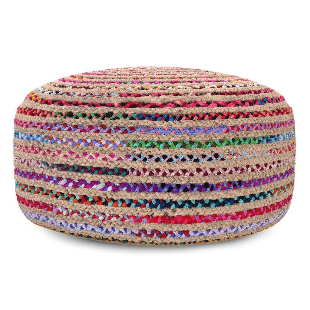 30" Blue Jute Round Pouf Ottoman