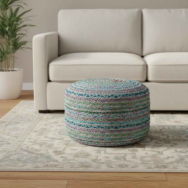 20" Green Jute Round Pouf Ottoman Default Title