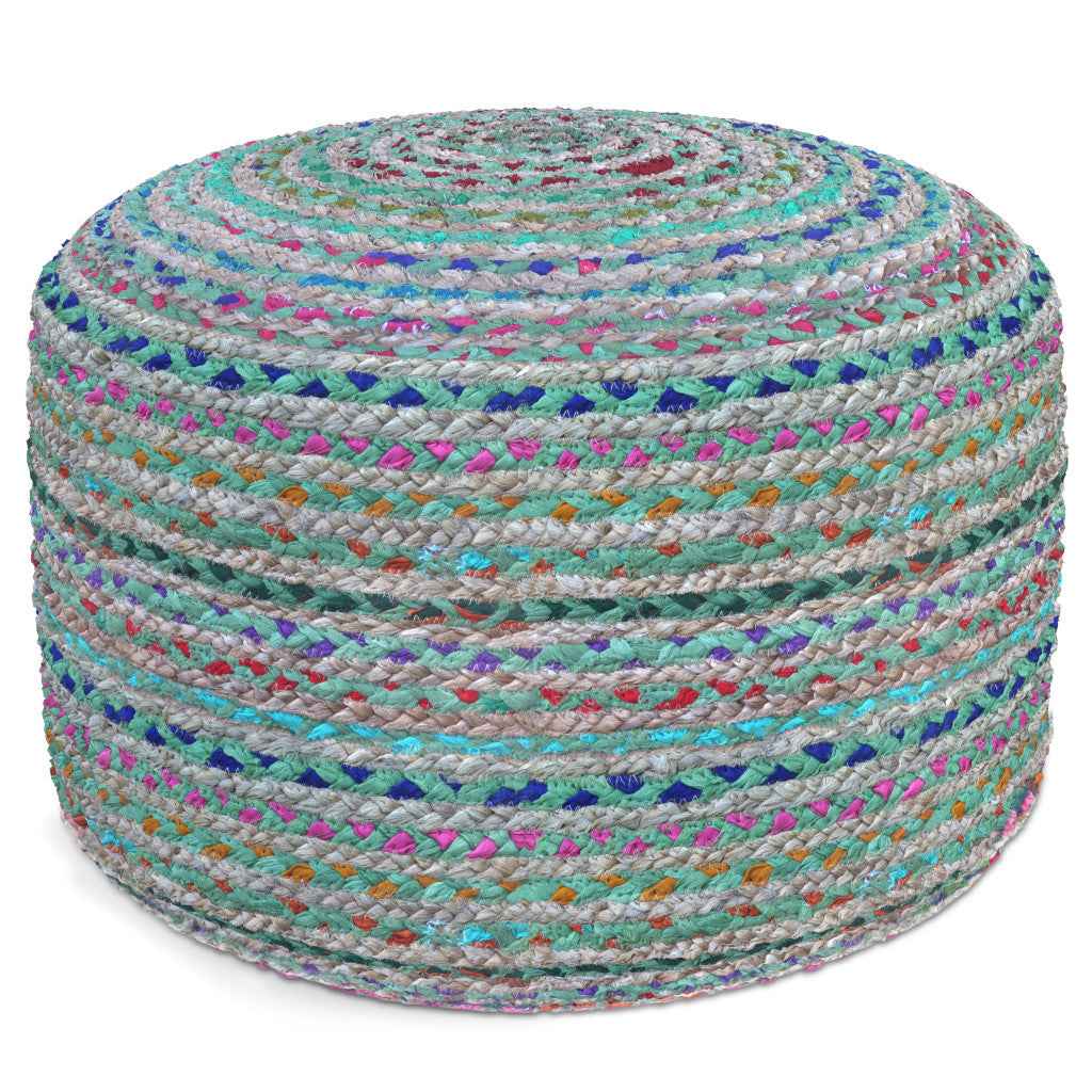 20" Green Jute Round Pouf Ottoman