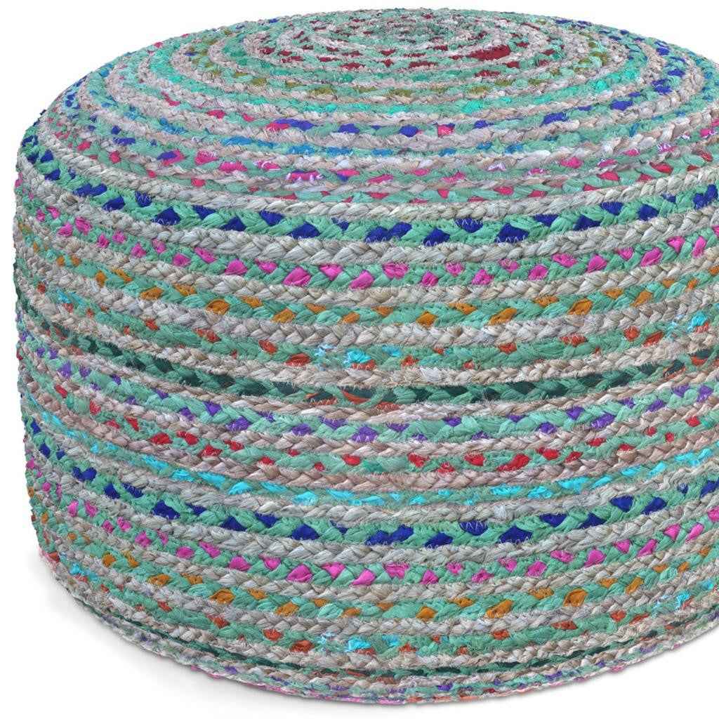 20" Green Jute Round Pouf Ottoman