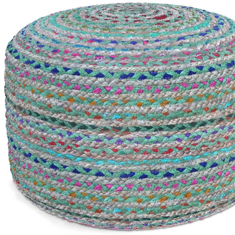20" Green Jute Round Pouf Ottoman
