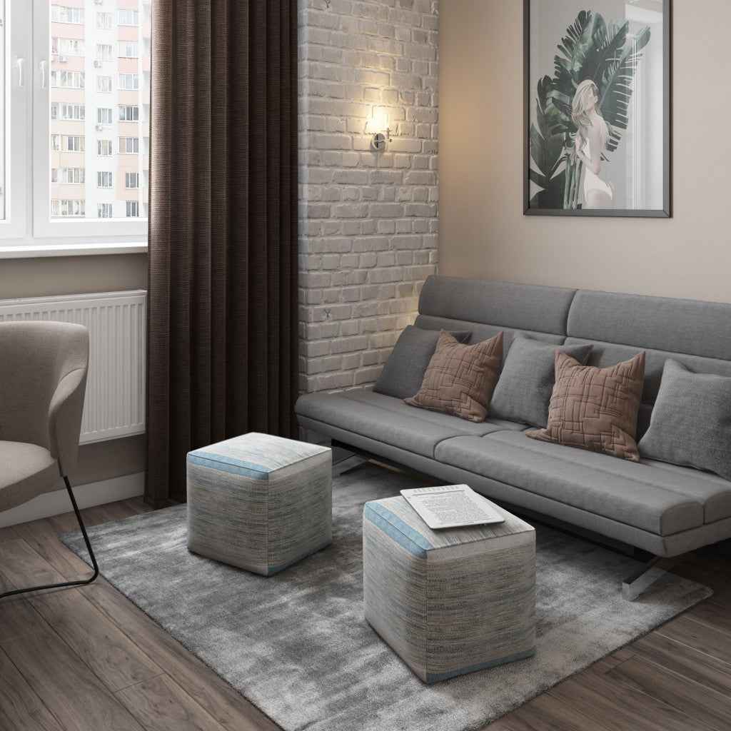 16" Blue Cotton Cube Pouf Ottoman