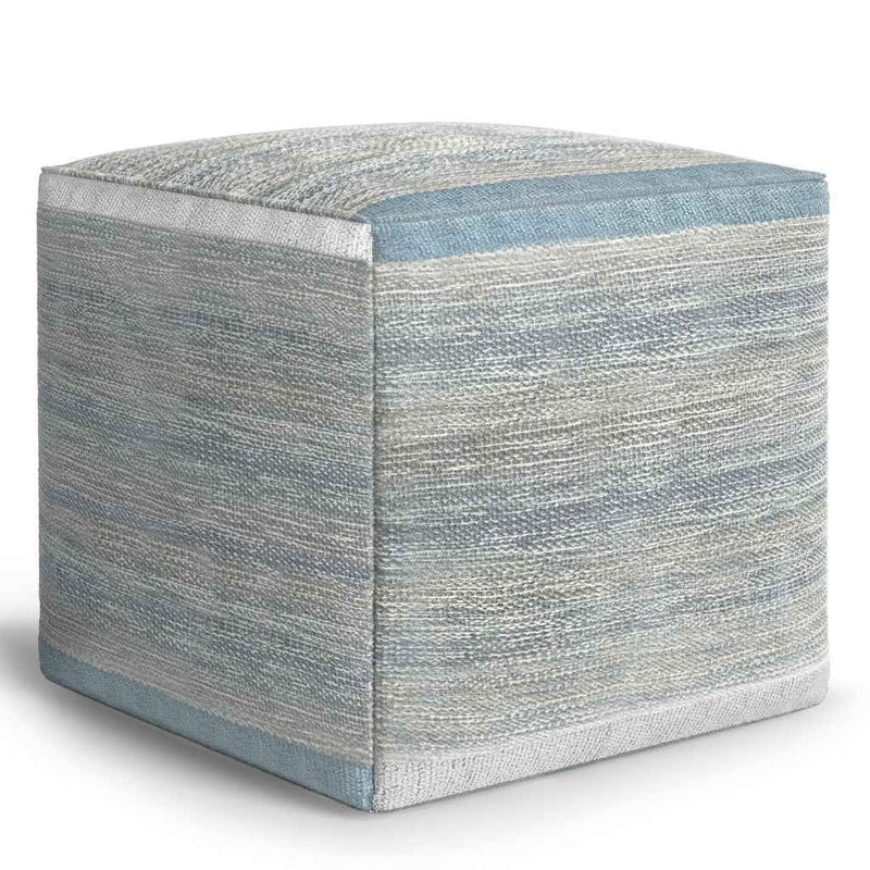 16" Blue Cotton Cube Pouf Ottoman