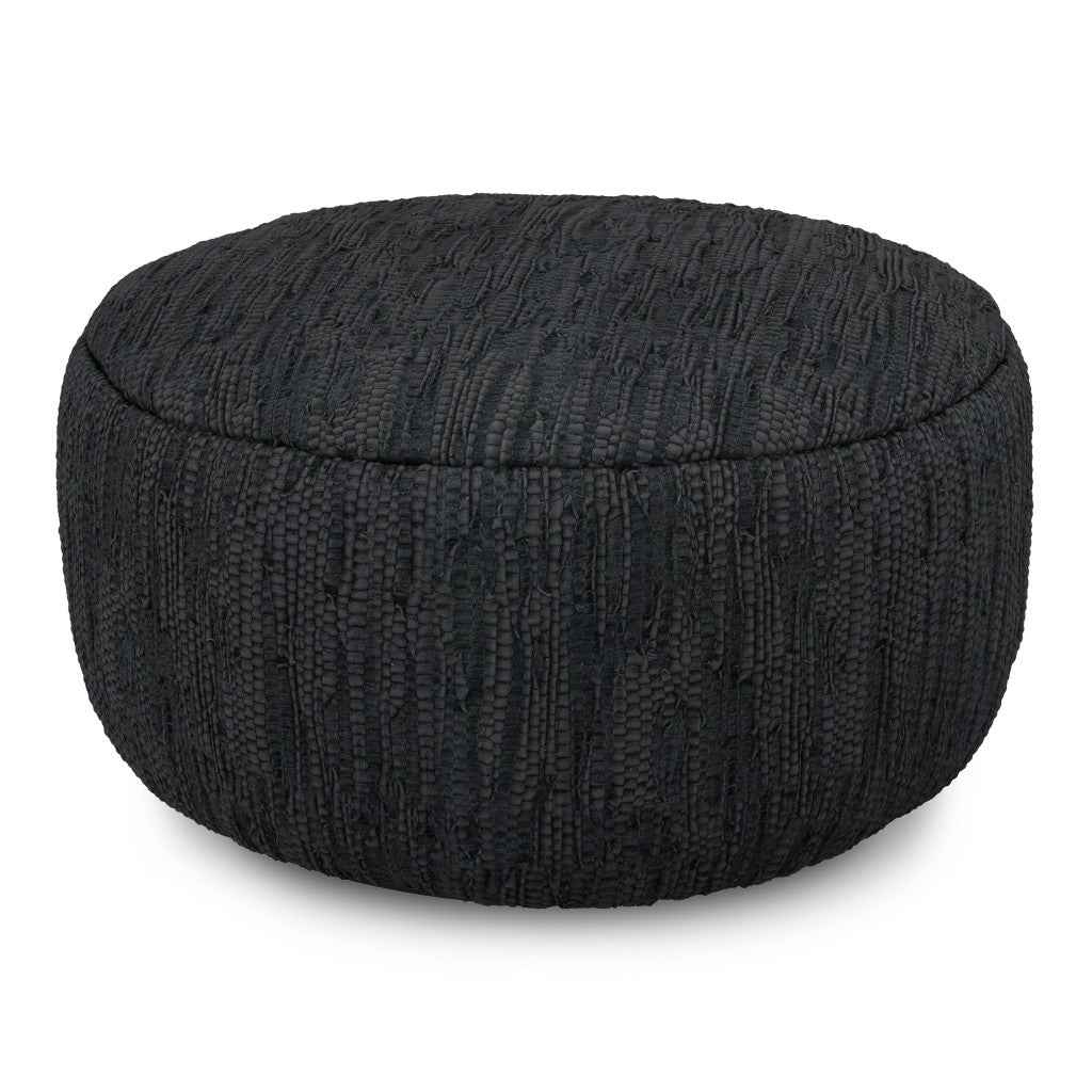 30" Black Leather Round Pouf Ottoman