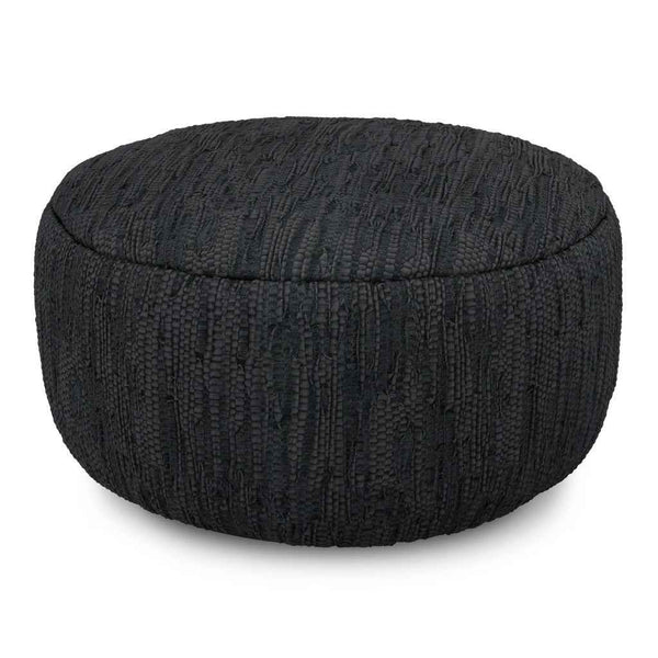 30" Black Leather Round Pouf Ottoman