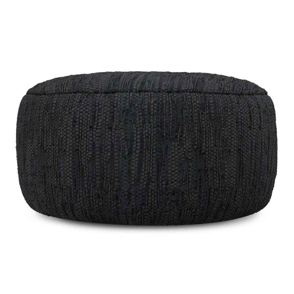 30" Black Leather Round Pouf Ottoman