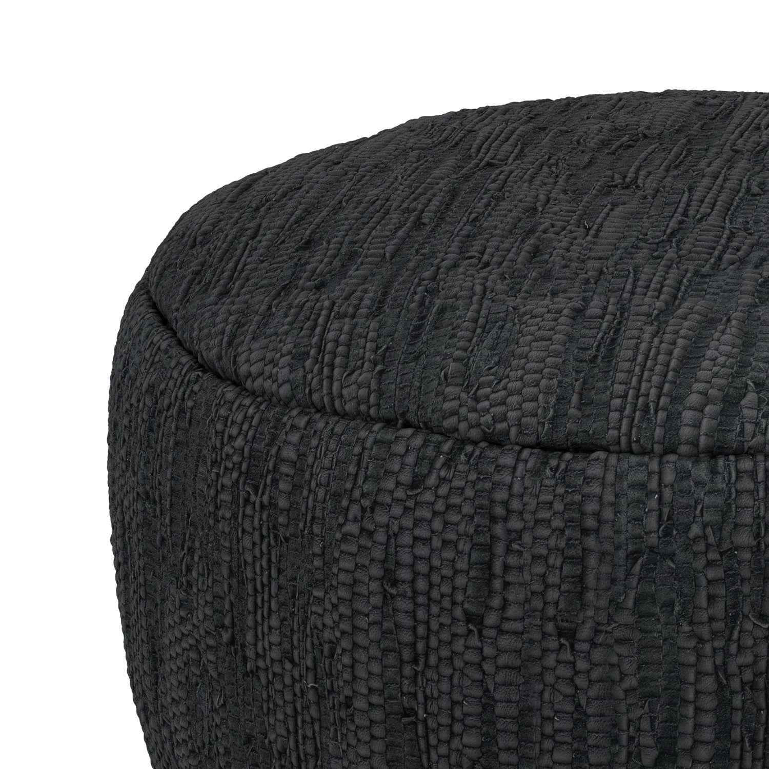 30" Black Leather Round Pouf Ottoman