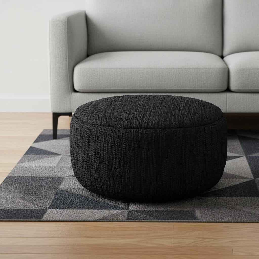 30" Black Leather Round Pouf Ottoman