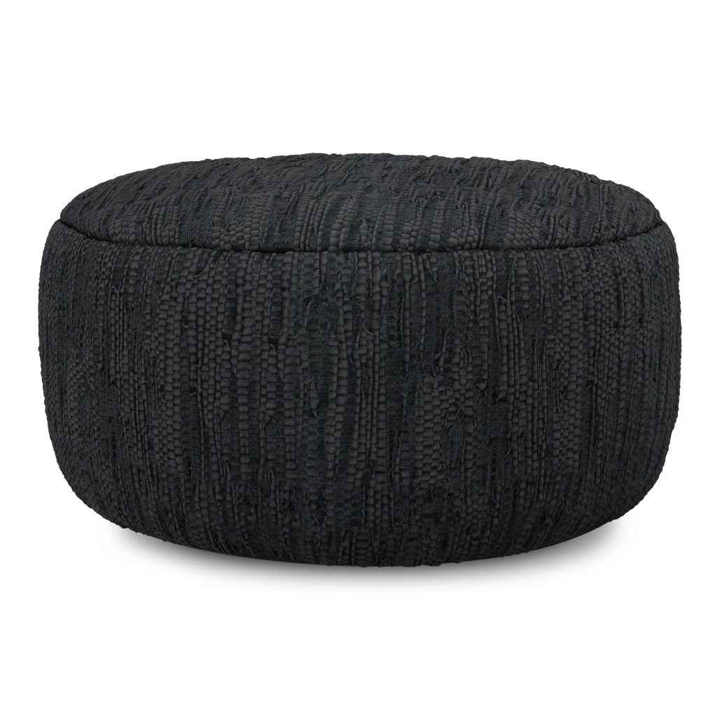30" Black Leather Round Pouf Ottoman