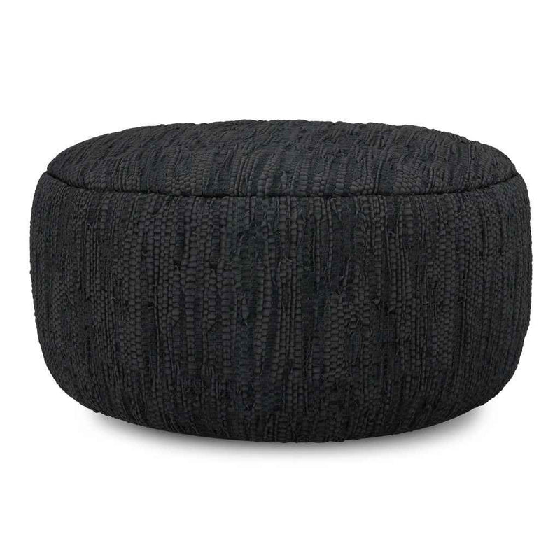 30" Black Leather Round Pouf Ottoman