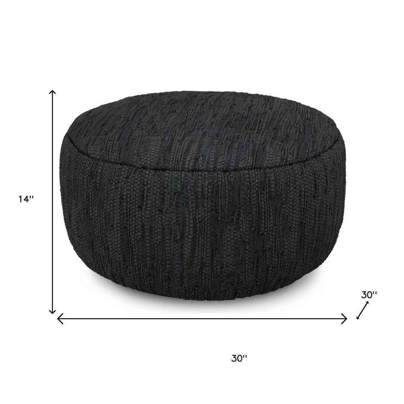 30" Black Leather Round Pouf Ottoman