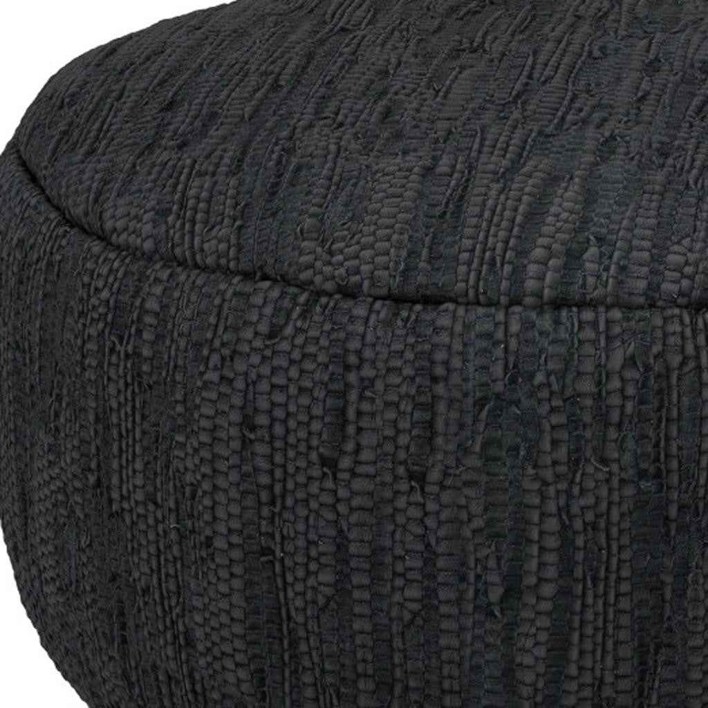 30" Black Leather Round Pouf Ottoman