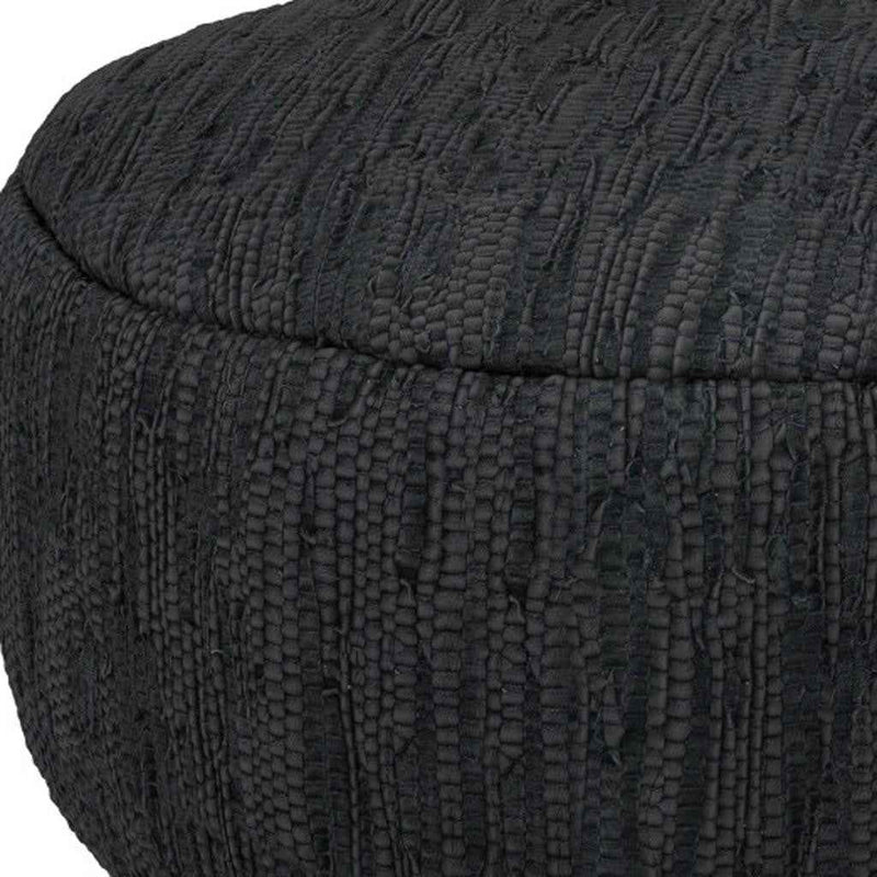 30" Black Leather Round Pouf Ottoman