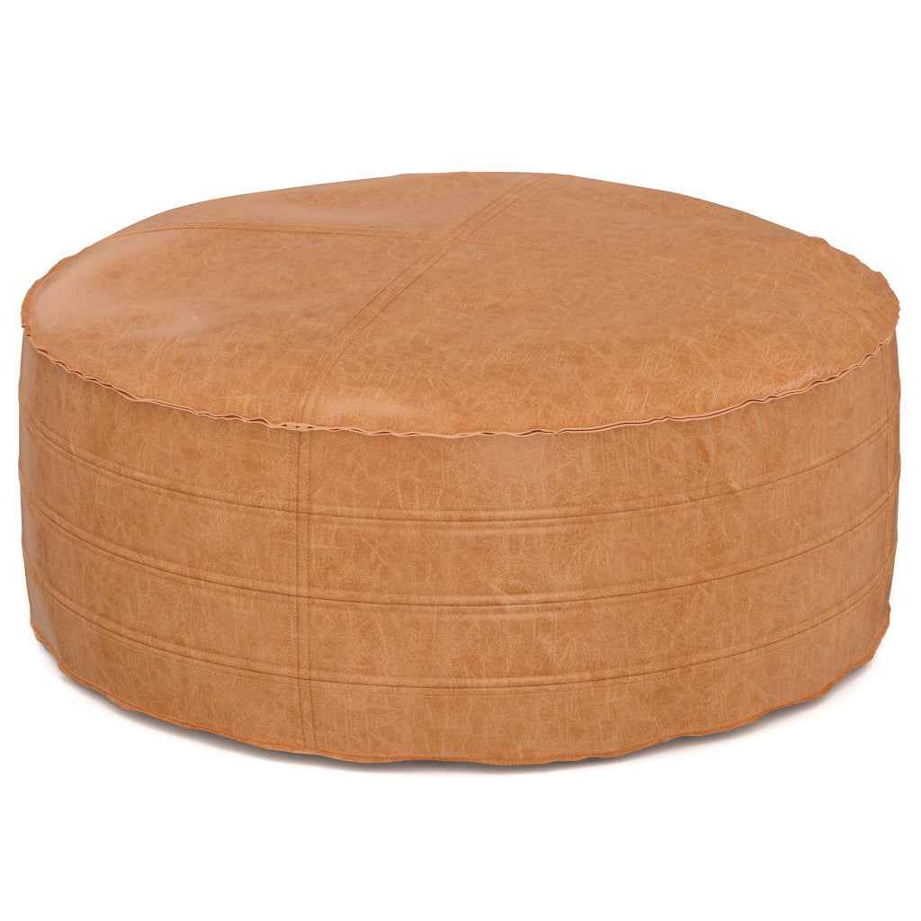 32" Brown Faux Leather Round Pouf Ottoman
