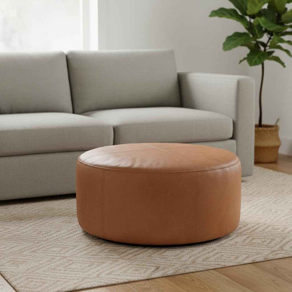 32" Brown Faux Leather Round Pouf Ottoman