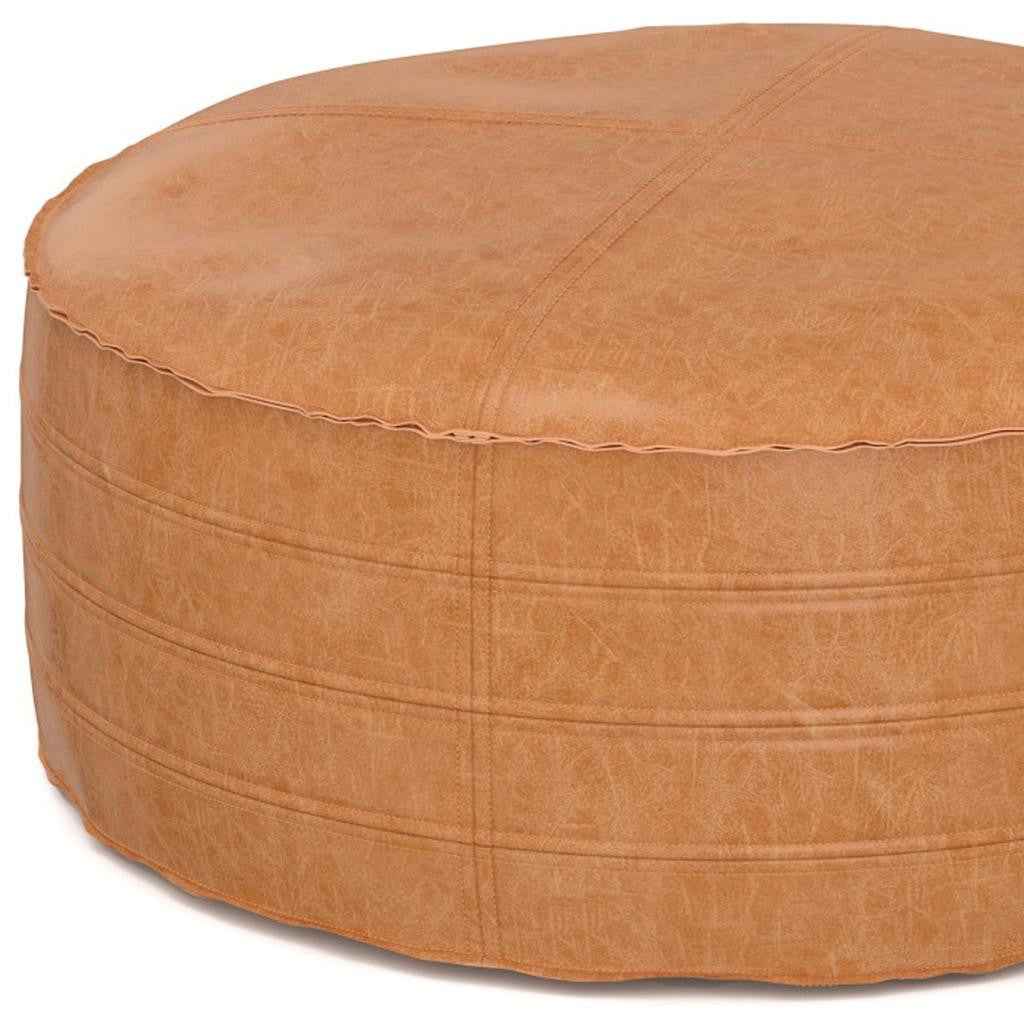 32" Brown Faux Leather Round Pouf Ottoman