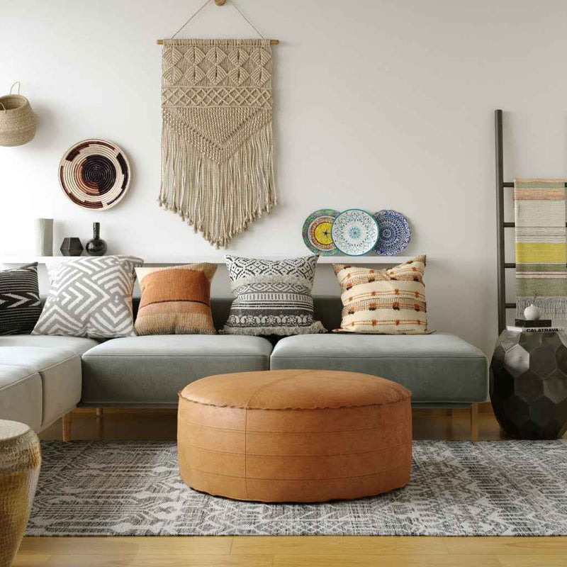 32" Brown Faux Leather Round Pouf Ottoman