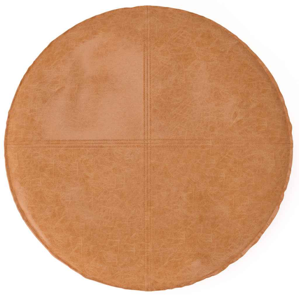 32" Brown Faux Leather Round Pouf Ottoman