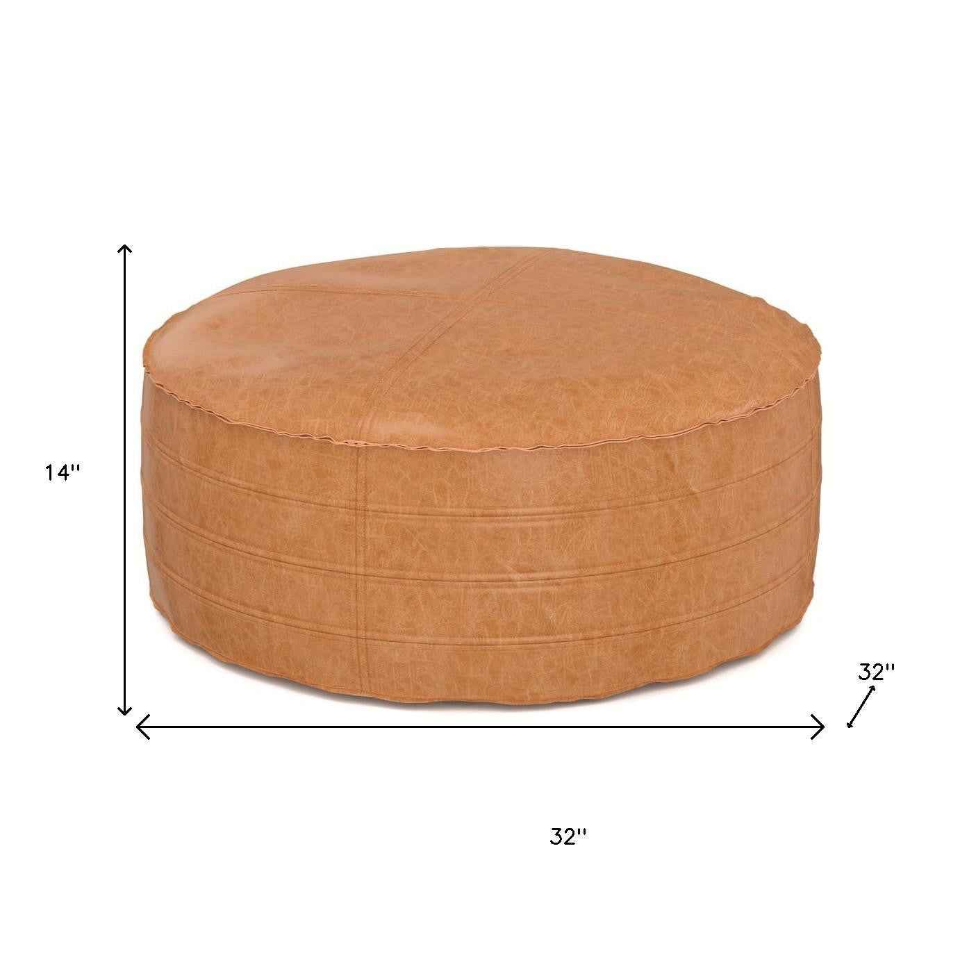 32" Brown Faux Leather Round Pouf Ottoman