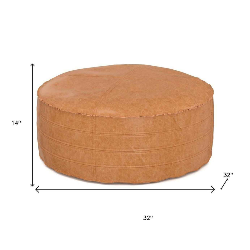 32" Brown Faux Leather Round Pouf Ottoman