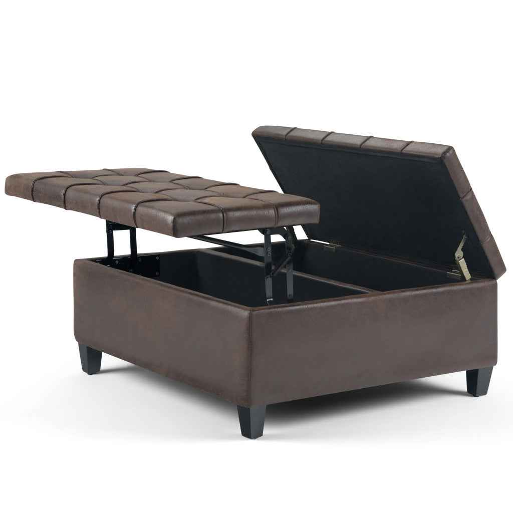 36" Brown and Espresso Leather Cocktail Ottoman With Storage