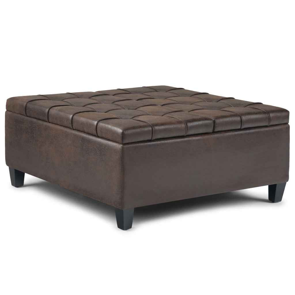 36" Brown and Espresso Leather Cocktail Ottoman With Storage