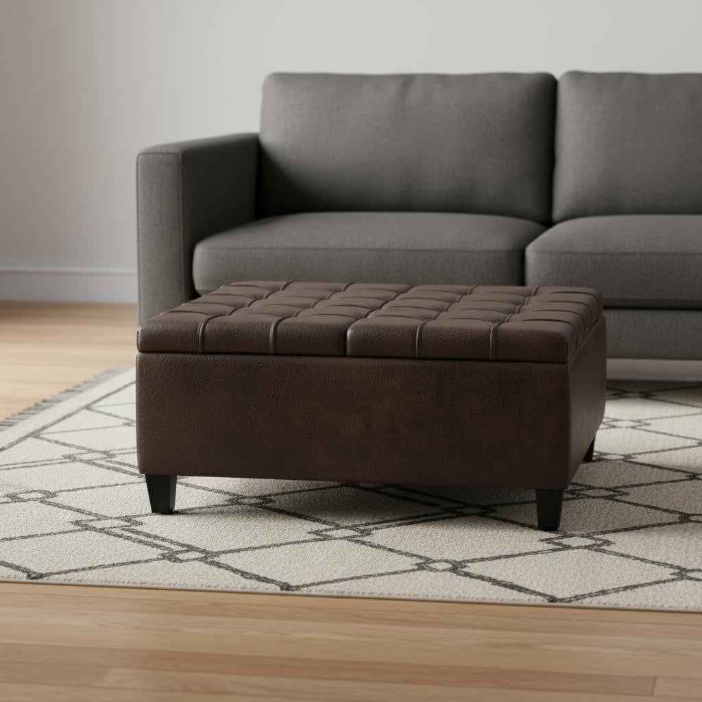 36" Brown and Espresso Leather Cocktail Ottoman With Storage