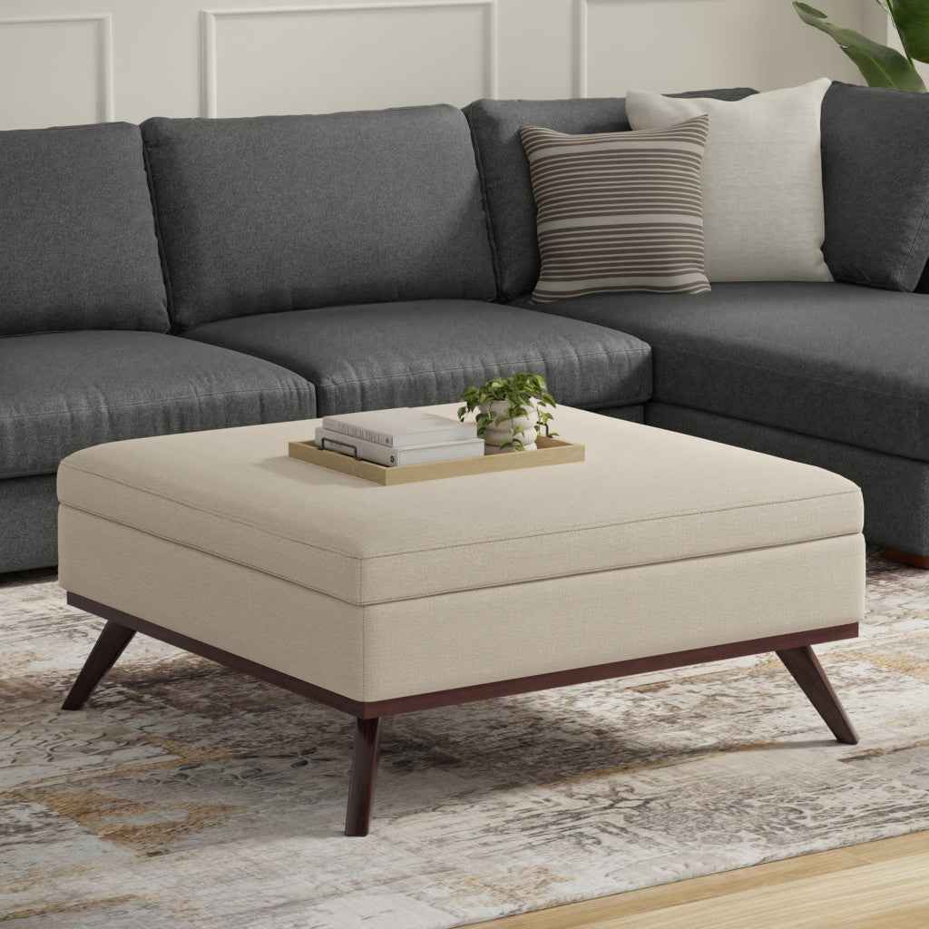 40" Natural and Brown Fabric Cocktail Ottoman With Storage