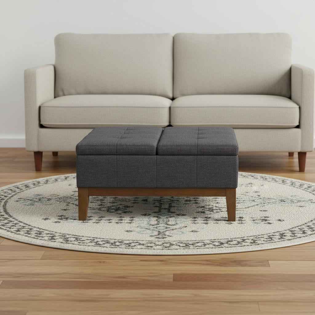 36" Walnut and Slate Gray Upholstery Storage Ottoman