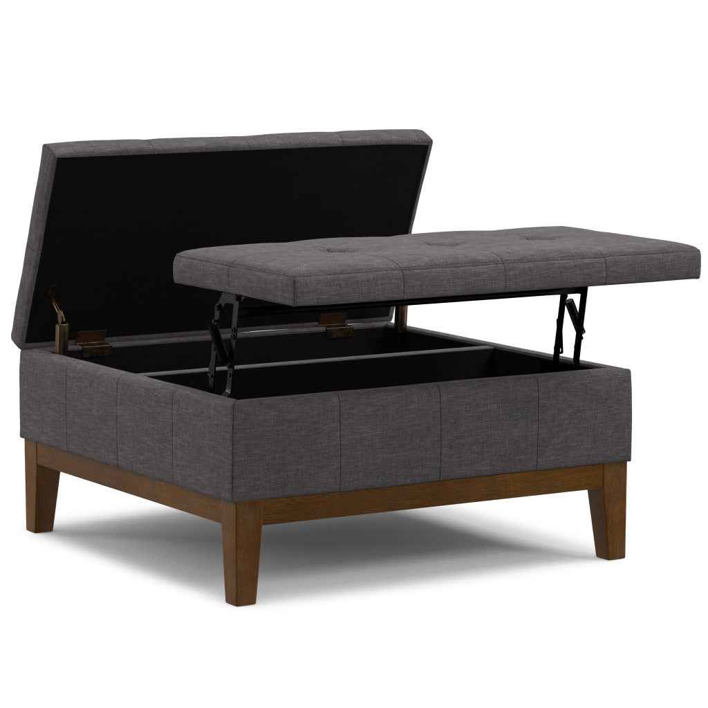 36" Walnut and Slate Gray Upholstery Storage Ottoman