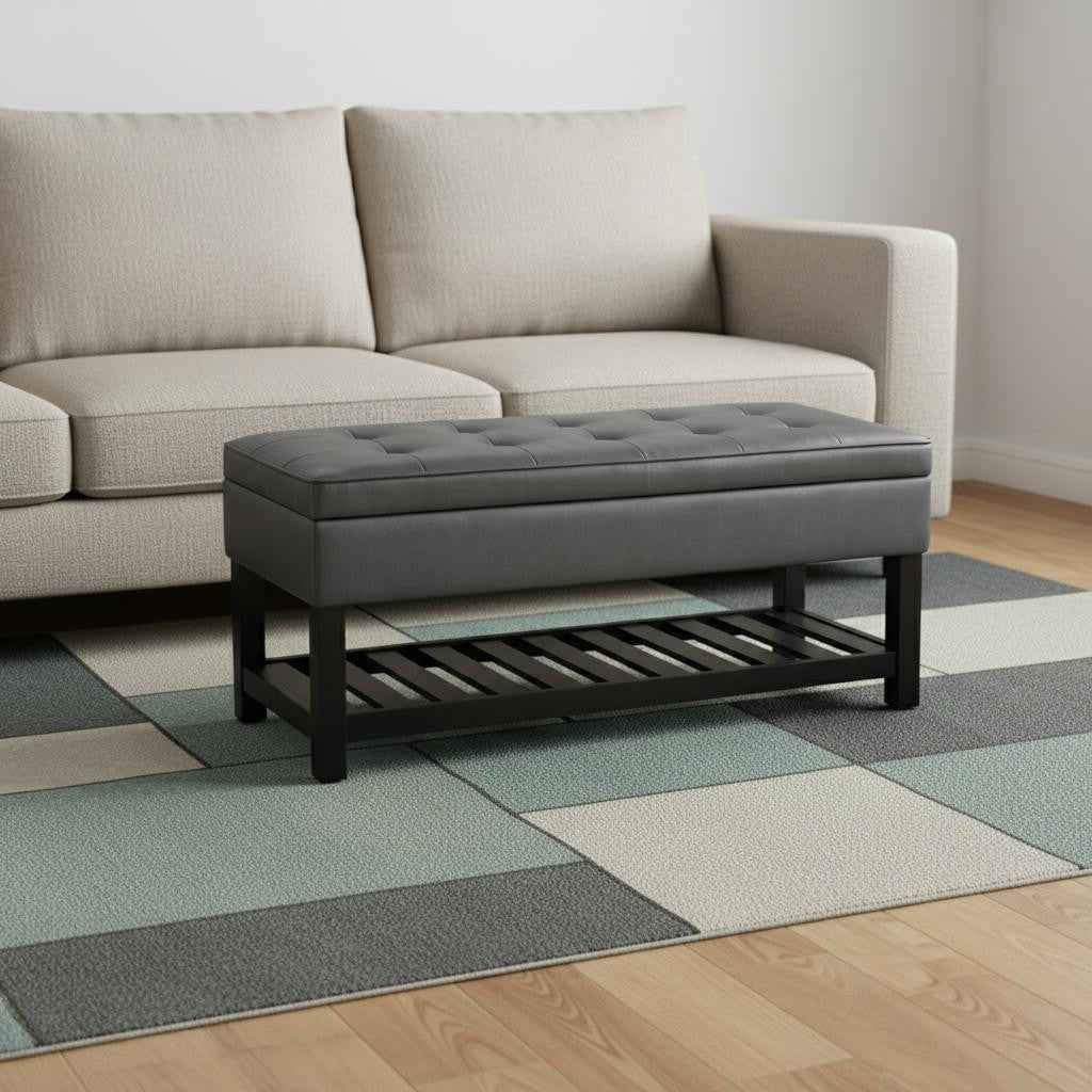 44" Gray and Dark Brown Leather Ottoman With Storage