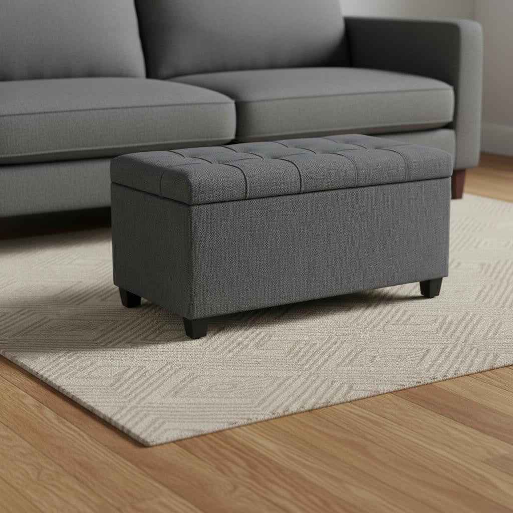 33" Espresso and Slate Gray Upholstery Storage Ottoman