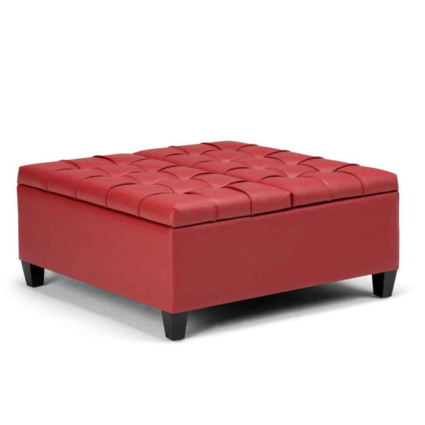 36" Red and Espresso Leather Cocktail Ottoman With Storage