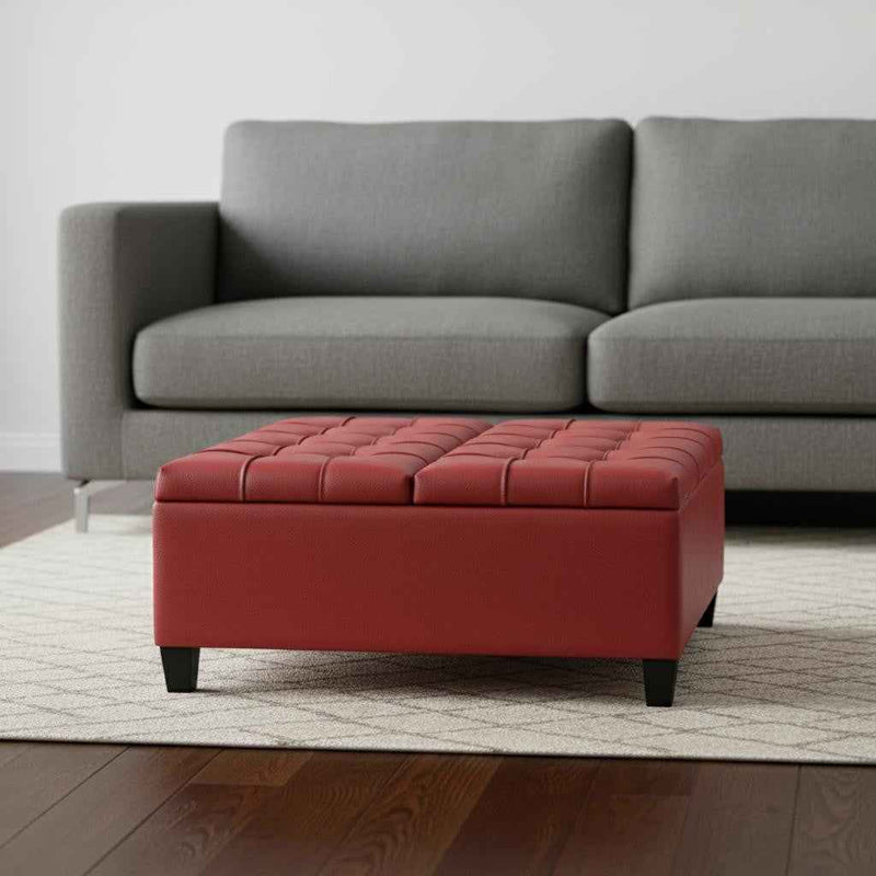 36" Red and Espresso Leather Cocktail Ottoman With Storage
