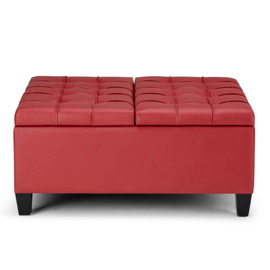36" Red and Espresso Leather Cocktail Ottoman With Storage