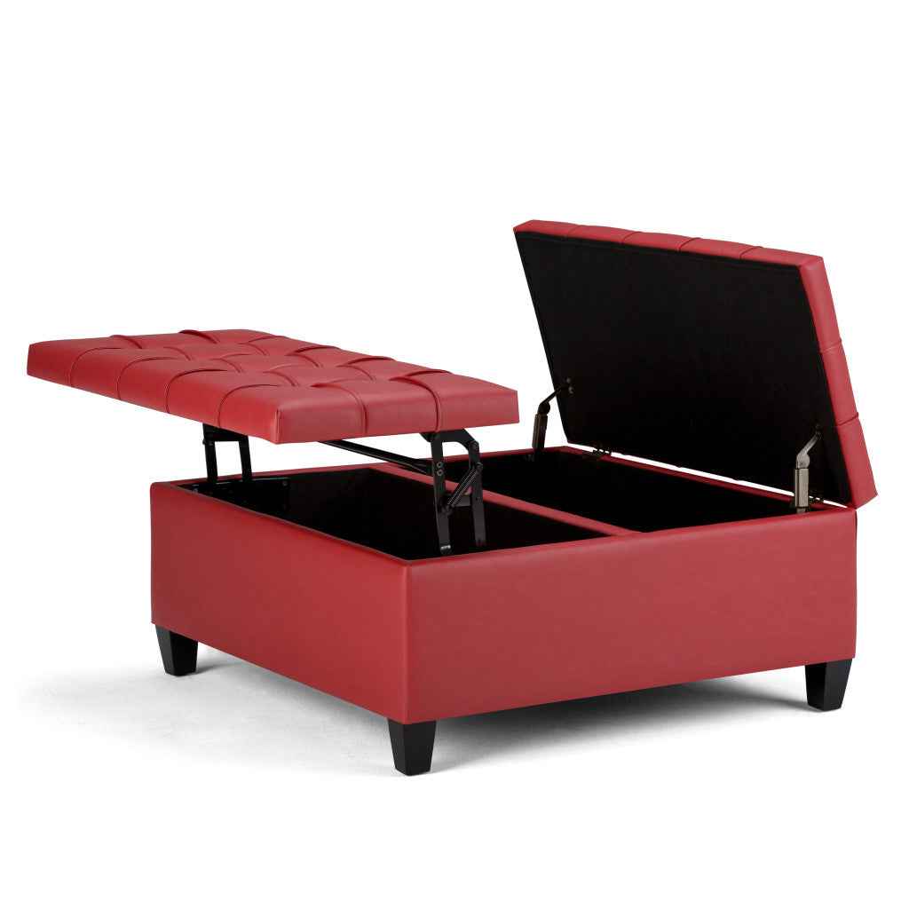 36" Red and Espresso Leather Cocktail Ottoman With Storage