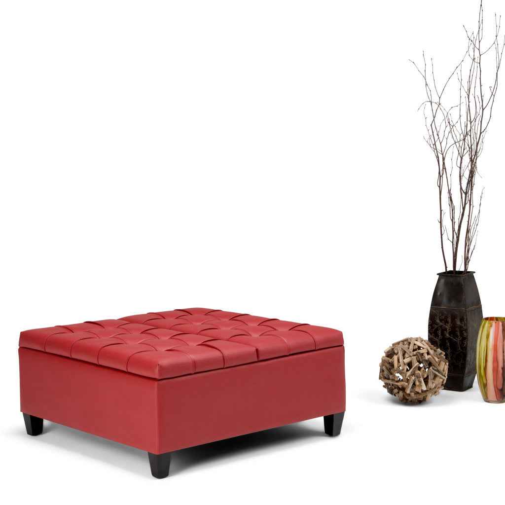 36" Red and Espresso Leather Cocktail Ottoman With Storage