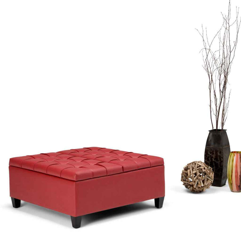 36" Red and Espresso Leather Cocktail Ottoman With Storage