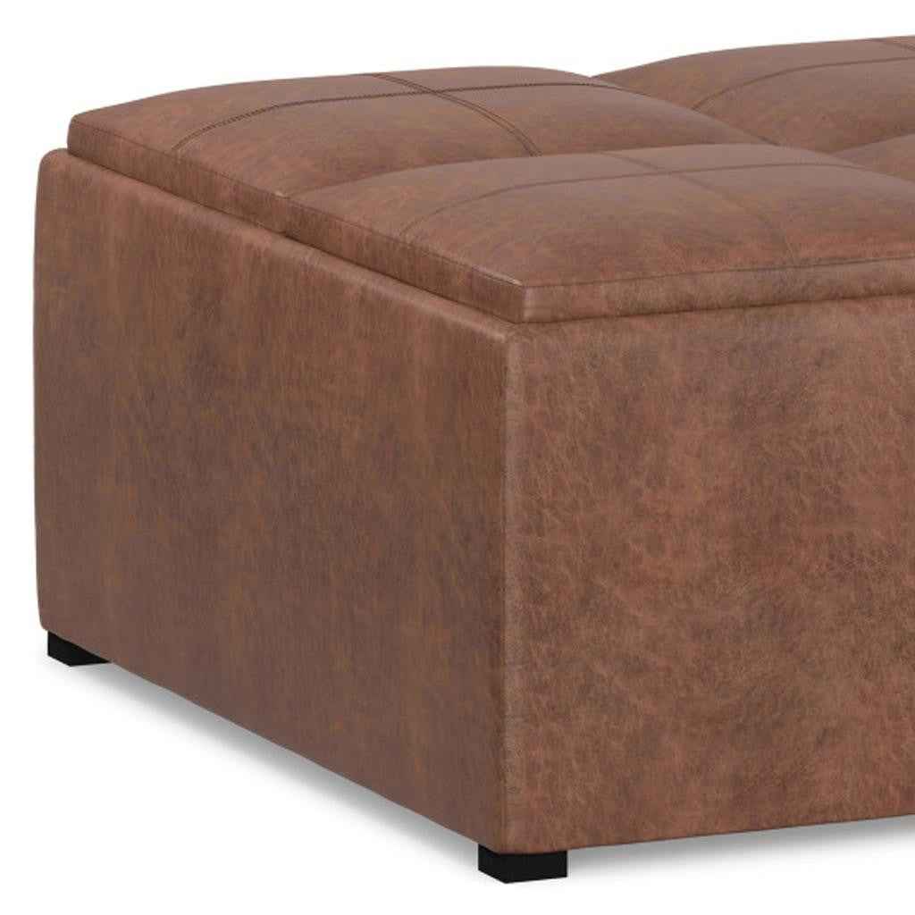 35" Brown and Black Leather Cocktail Ottoman With Storage
