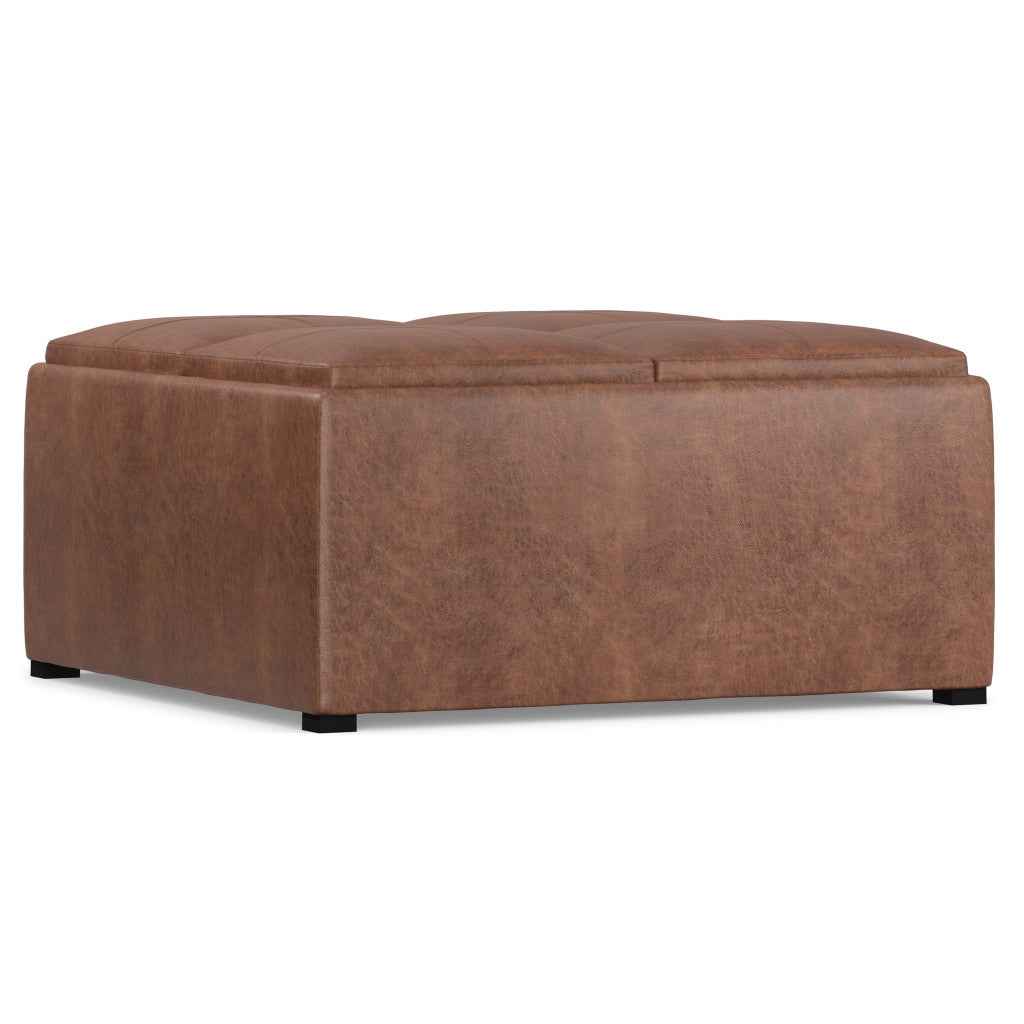 35" Brown and Black Leather Cocktail Ottoman With Storage