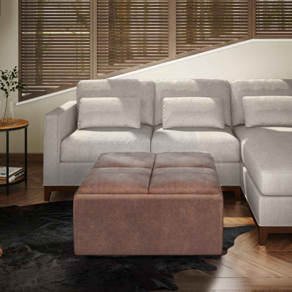 35" Brown and Black Leather Cocktail Ottoman With Storage