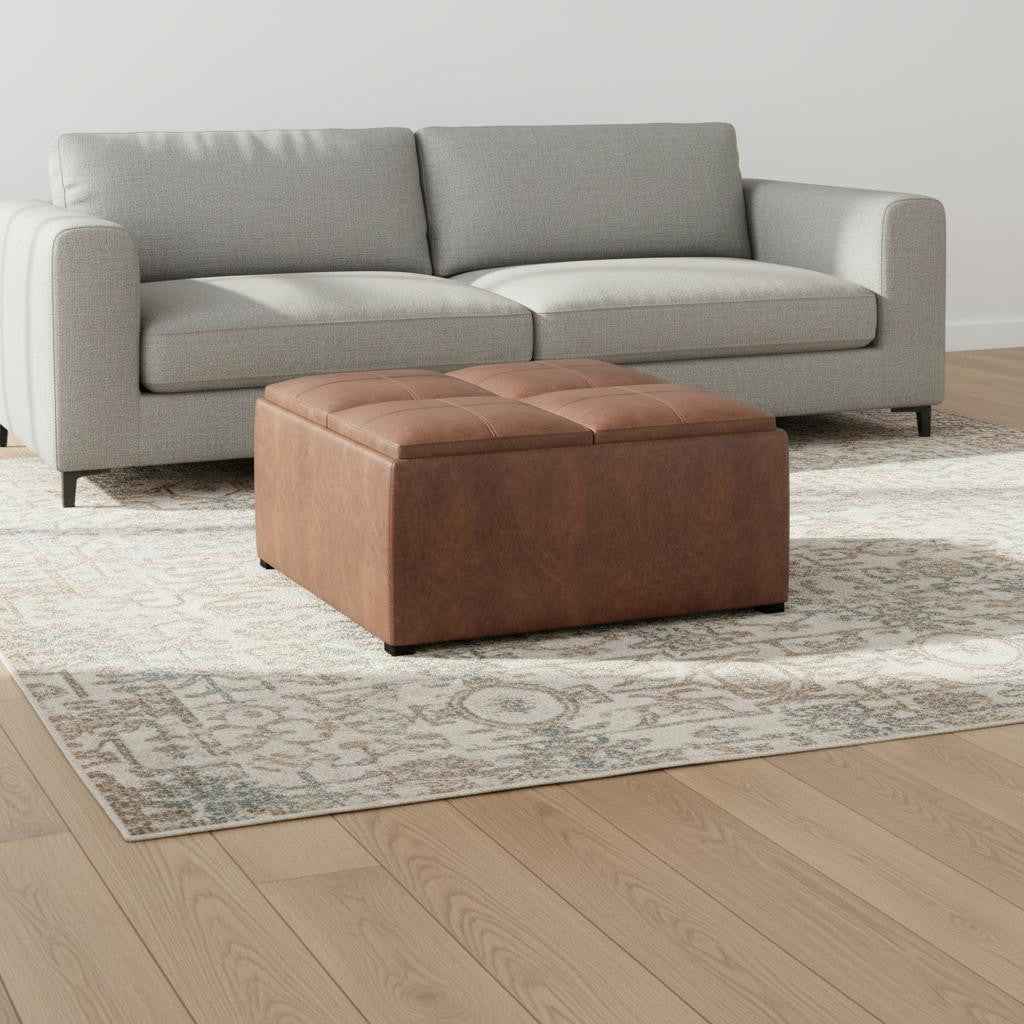 35" Brown and Black Leather Cocktail Ottoman With Storage