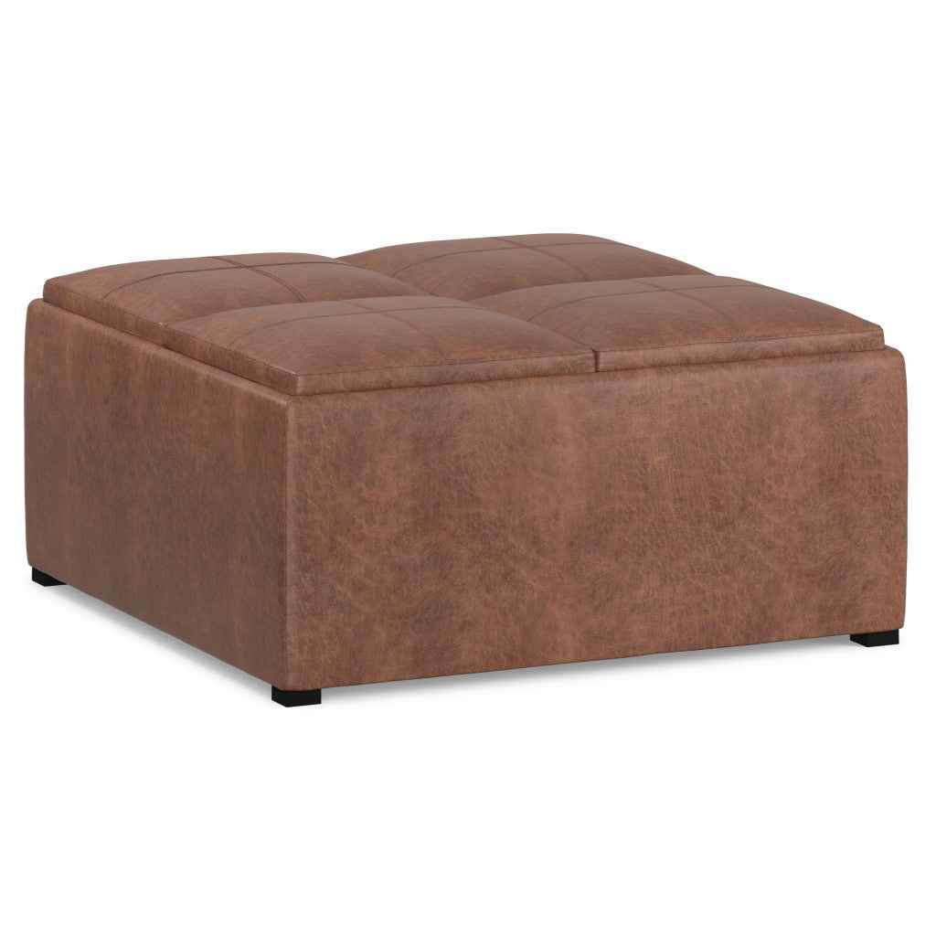 35" Brown and Black Leather Cocktail Ottoman With Storage