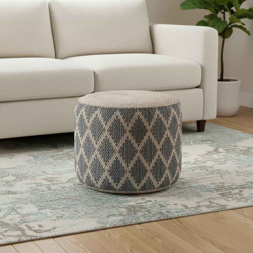 18" Gray Jute Round Pouf Ottoman