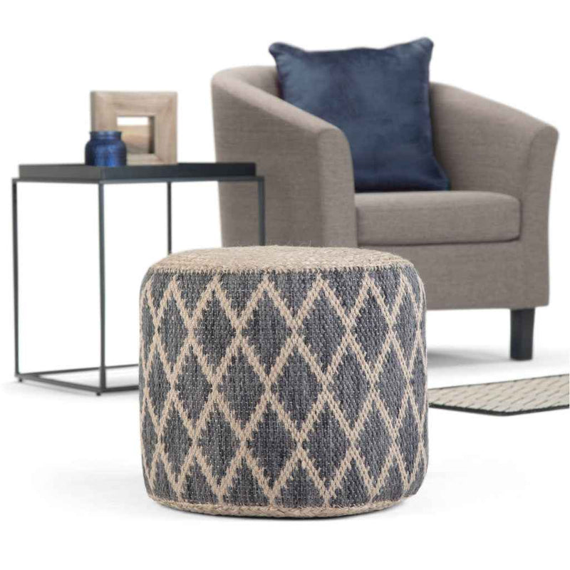 18" Gray Jute Round Pouf Ottoman