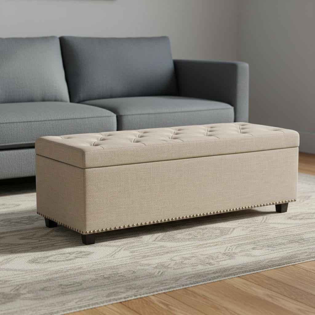 48" Dark Brown and Natural Upholstery Storage Ottoman